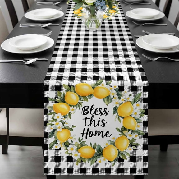 Farmhouse Lemon Table Runner 36 Inches Long, Bless Home Summer Black Buffalo Plaid Kitchen Coffee Dining Table Decoration for Home Party Birthday Wedding Home Decor 13x36 Inches