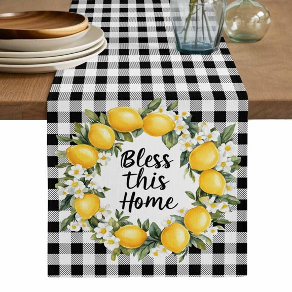 Farmhouse Lemon Table Runner, Bless Home Summer Black Buffalo Plaid Washable Cotton Linen Table Runners 36 Inches Long, Dresser Scarf Runner for Nightstand/End Tables/Round Tables 13''x36''