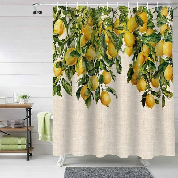 Farmhouse Lemon Tree Summer Shower Curtain, Yellow Green Shower Curtain Set with Hooks, Spring Summer Waterproof Fabric Shower Curtains for Bathroom Decor, 72x84 Inch Bath Curtain