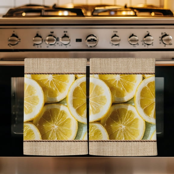 Farmhouse Lemons Kitchen Towels Set of 2, Summer Country Yellow Fruits on Linen Absorbent Dish Towels for Kitchen, Microfiber Hand Towel, Quick Drying Tea Towel for Cleaning Decorative Dishcloths
