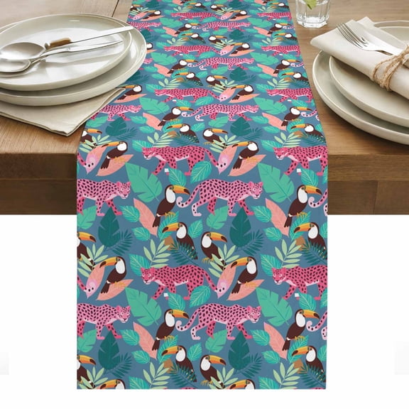 Farmhouse Leopard Table Runner - 72 Inch Long, Kitchen Dining Table Runner Dresser Scarves, Summer Country Animals Bird Leaves Farmhouse Decor for Coffee Tables Wedding Party Banquet