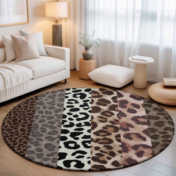 Farmhouse Leopard Texture Round Rug 5ft Country Animal Printed Washable Area Rugs for Living Room Bedroom Entryway Non Slip Entrance Door Mat Indoor Floor Carpet