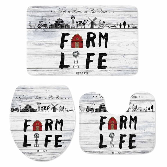Farmhouse Life Bath Mat 3 Piece Bathroom Rug Set, Barn Animals Grey Vintage Wooden Non Slip Bath Rug Contour Mat and Toilet Lid Cover, Absorbent Shower Mats Soft Bath Rugs and Mats Sets