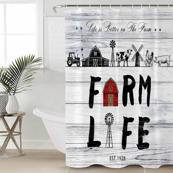 Farmhouse Life Shower Curtain Set, Waterproof Shower Curtains for Bathroom, Barn Animals Grey Vintage Wooden Washable Fabric Cloth Bath Curtain for Bathtub Decoration with Hooks 72x78 Inches