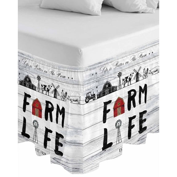 Farmhouse Life Wrap Around Bed Skirts for King Bed 18" Drop, Bed Skirt with Adjustable Elastic Belt Dust Ruffle Bed Valance for Bedroom Hotel Luxury Barn Animals Grey Vintage Wooden Bed Frame Cover