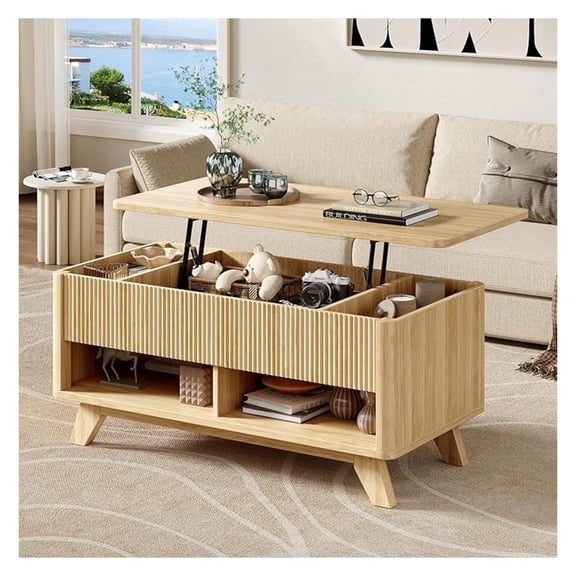 Farmhouse Lift Top Coffee Table, Century Modern Coffee Table with Storage Compartment, Fluted Rising Pull up Wood Modern Center for Living Room, Office, Natural