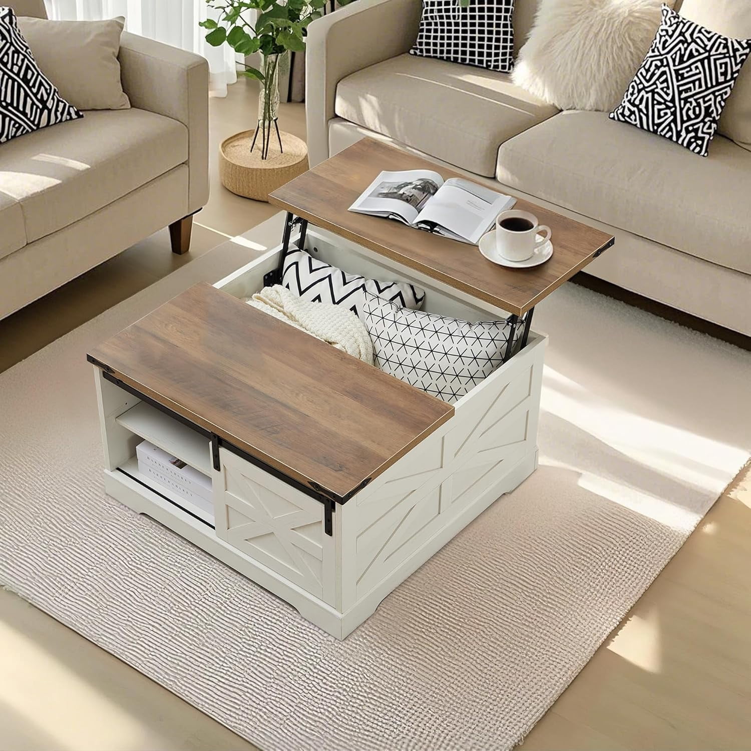 Farmhouse Lift Top Coffee Table with Hidden Storage Square Coffee Table Sliding Barn Door and ...