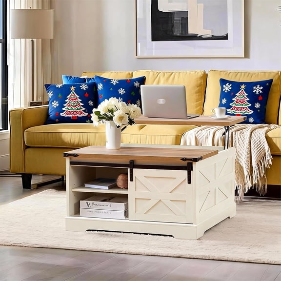 Farmhouse Lift Top Coffee Table with Hidden Storage Square Coffee Table Sliding Barn Door and Adjustable Shelf Rustic Wood Center Table for Living Room, Rustic White