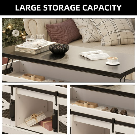 Farmhouse Lift Top Coffee Table, Multifunction Coffee Table with Sliding Barn Door, Hidden Storage Compartment, Convertible Center Dining Table with Adjustable Shelf for Living Room
