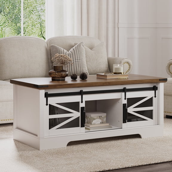 Farmhouse Lift Top Coffee Table with Sliding Barn Doors - Large Hidden Storage Compartment - 47 Inch Rectangle Entryway Cabinet for Living Room or Home Office - Rustic Wood Finish
