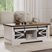 Farmhouse Lift Top Coffee Table with Sliding Barn Doors - Large Hidden Storage Compartment - 47 Inch Rectangle Entryway Cabinet for Living Room or Home Office - Rustic Wood Finish