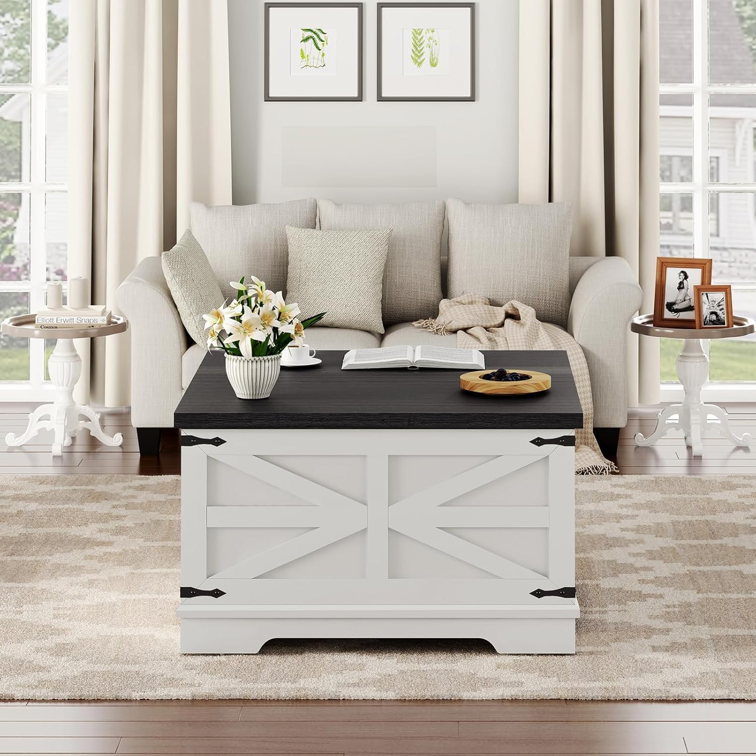 Farmhouse Lift Top Coffee Table, Square Coffee Table with Large Hidden ...