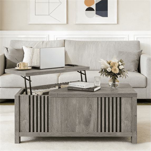 Farmhouse Lift Top Coffee Table with Storage, 35" Square Large Coffee Table with Hidden Compartment, Rustic Wood Center Table for Living Room, Grey Oak