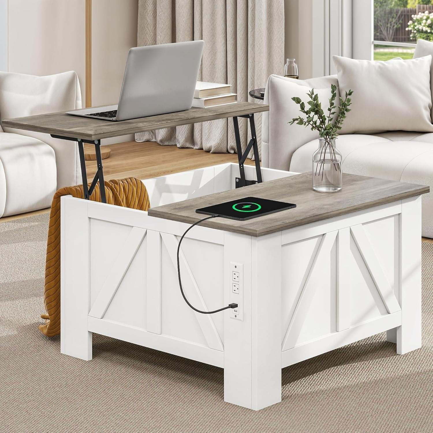 Farmhouse Lift Top Coffee Table with Storage, Wood Square Center Table ...