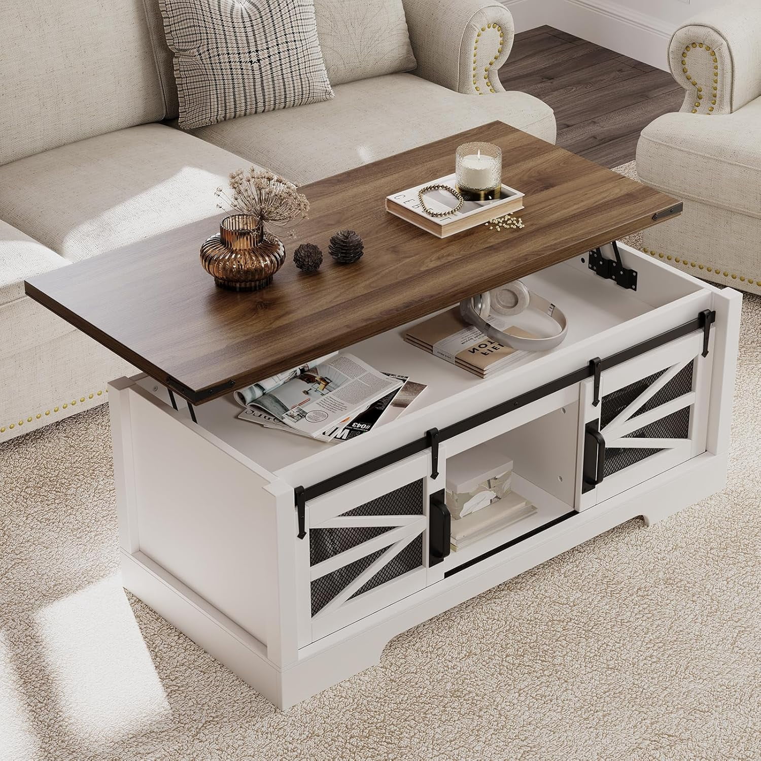 Farmhouse Lift Top Coffee Table, Wood Coffee Table with Storage and ...