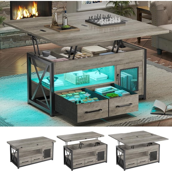 Farmhouse Lift Top Coffee Table with 2 Fabric Drawers and LED Light, 4 in 1 Coffee Table with Storage Cabinet for Living Room