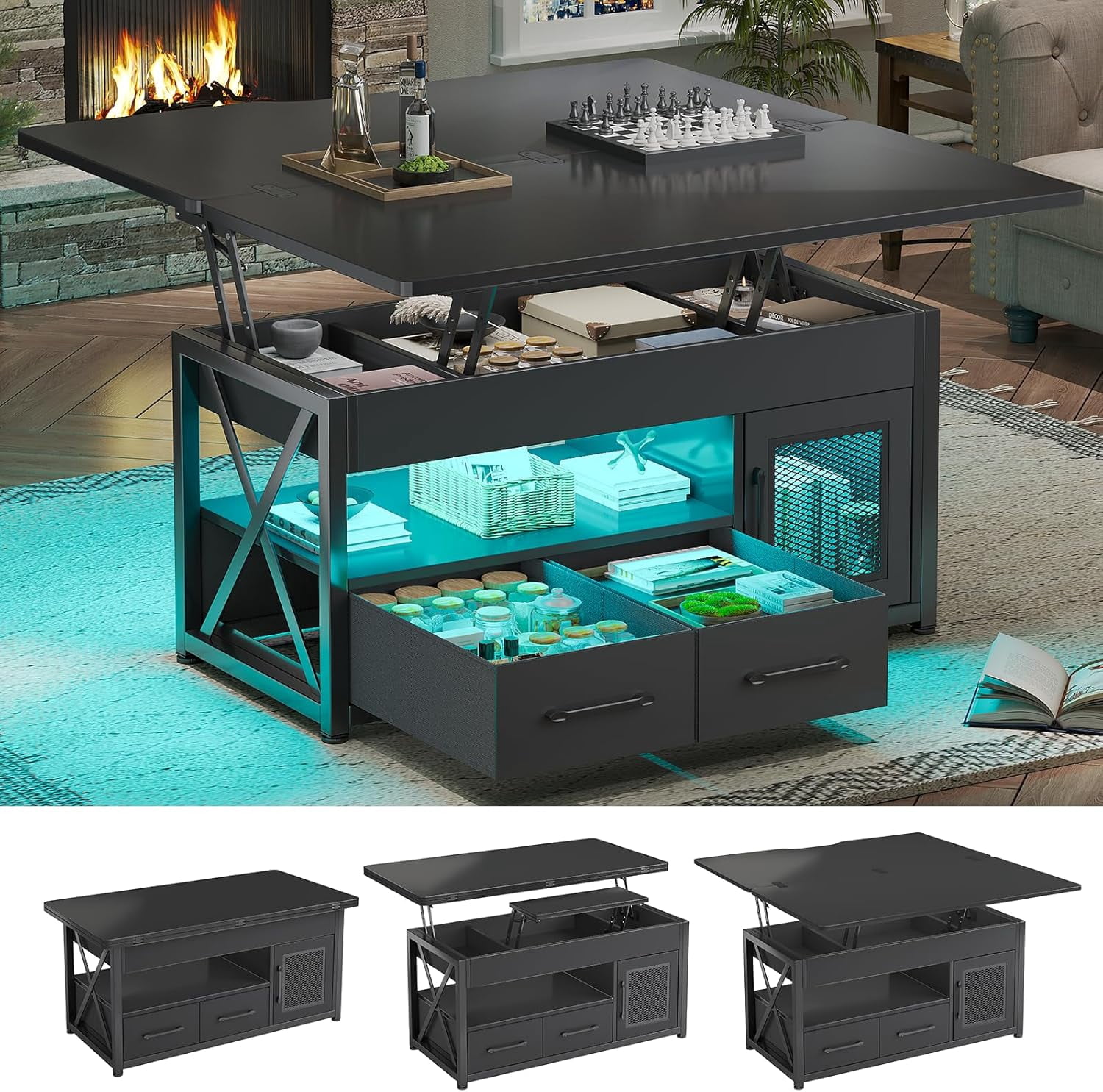 Farmhouse Lift Top Coffee Table with 2 Fabric Drawers and LED Light, 4 ...