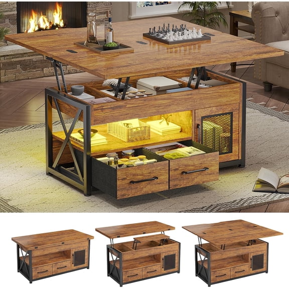 Farmhouse Lift Top Coffee Table with 2 Fabric Drawers and LED Light, 4 in 1 Coffee Table with Storage Cabinet for Living Room