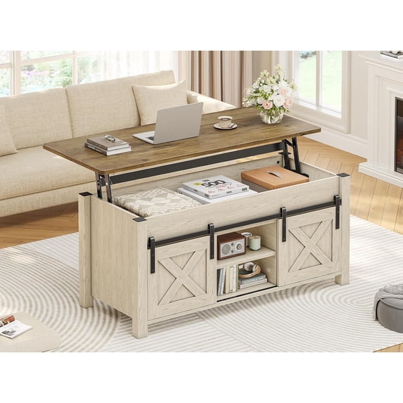 Farmhouse Lift Top Coffee Table with Hidden Compartment and Open Storage Shelf for Living Room