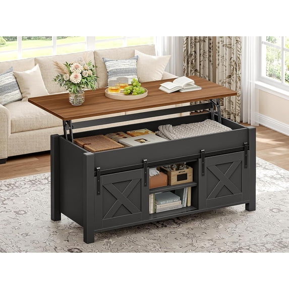 Farmhouse Lift Top Coffee Table with Hidden Compartment and Open Storage Shelf for Living Room