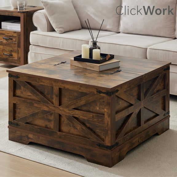 Farmhouse Lift-Top Coffee Table with Hidden Storage, Square Wooden Living Room Table, Brown