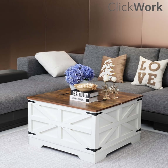 Farmhouse Lift-Top Coffee Table with Hidden Storage, Square Wooden Living Room Table, White
