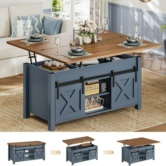 Farmhouse Lift Top Coffee Table with Large Storage and Hidden Compartment, Multi-Function Convertible Coffee Table for Living Room