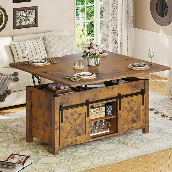 Farmhouse Lift Top Coffee Table with Large Storage and Hidden Compartment, Multi-Function Convertible Coffee Table for Living Room