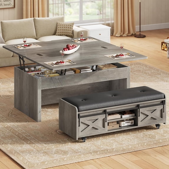Farmhouse Lift Top Coffee Table with Storage Bench and Sliding Barn Door