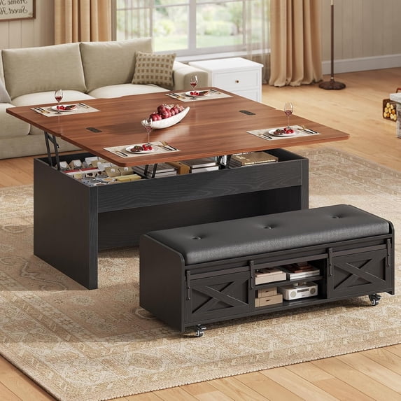 Farmhouse Lift Top Coffee Table with Storage Bench and Sliding Barn Door