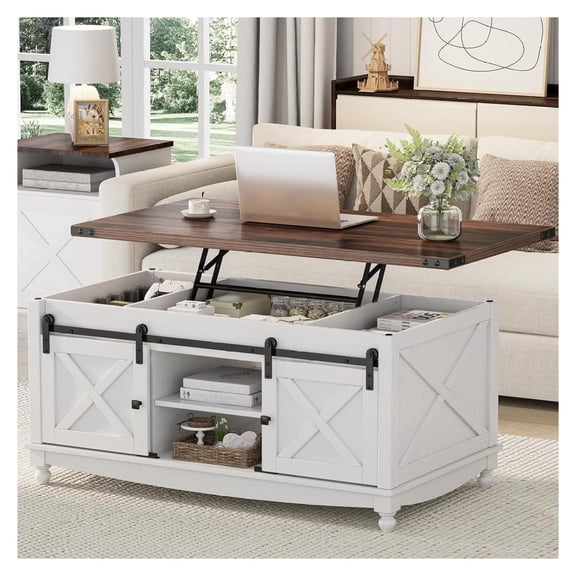 luminescence lez White Wood Farmhouse Lift‑Top Coffee Table, Sliding Barn Door with Storage, Rustic Accent Furniture for Living Room