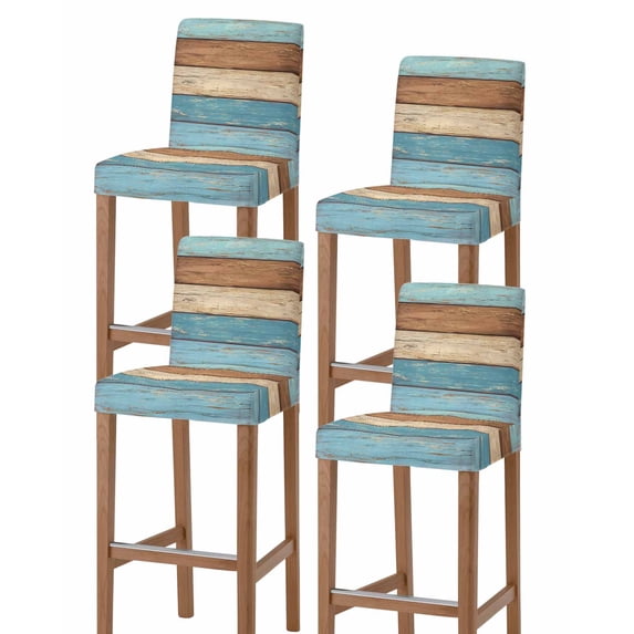 Farmhouse Light Blue Brown Bar Stool Covers Set of 4, Vintage Wooden Striped Stretch Washable Bar Chair Covers with Backs, Removable Pub Counter Height Chair Cover for Kitchen Dining Room Cafe