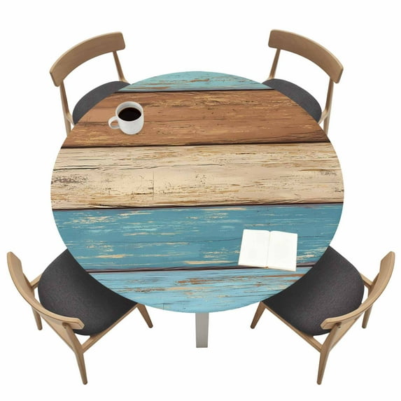 Farmhouse Light Blue Brown Fitted Tablecloth with Elastic Edged, Round Table Cloth for Dining Table, Vintage Wooden Striped Waterproof Oil Proof Table Cover for Indoor Outdoor 36"-44"