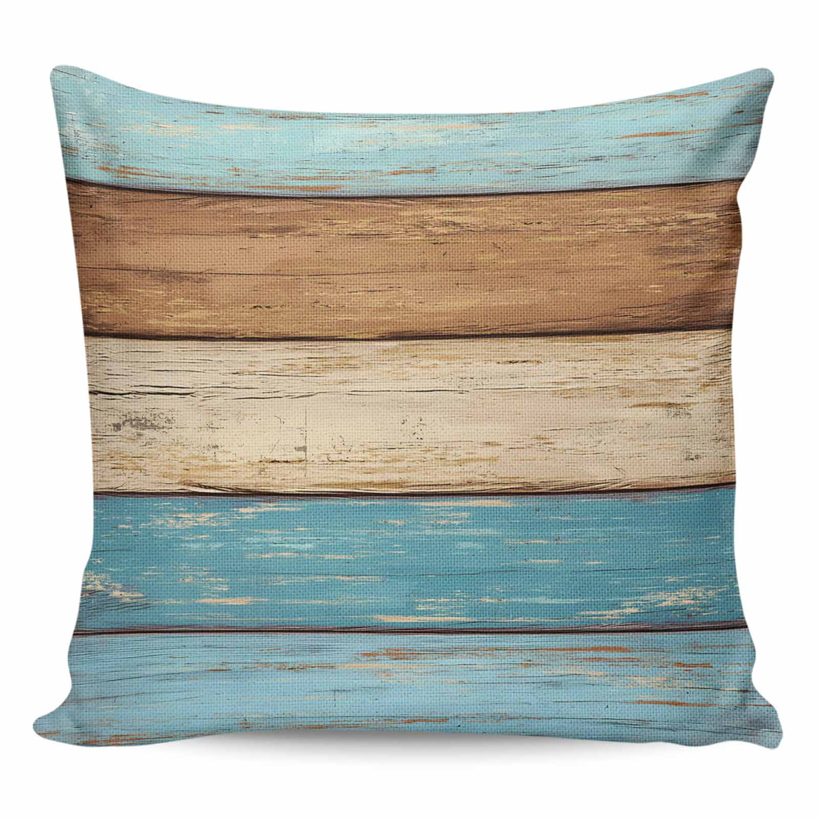 Farmhouse Light Blue Brown Pillow Covers 24x24 Inch Decorative Throw Pillow Cover, Vintage Wooden Striped Sofa Pillowcases Accent Cushion Case Home Decor Bedroom Living Room
