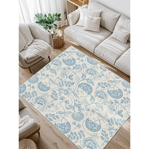 Farmhouse Light Blue Floral Area Rug for Bedroom 4x6 Ft Linen Boho Paisley Flower Rustic Super Soft fuzzy Throw Rug Non-Slip Fluffy Plush Indoor Floor Carpet for Living Room Nursery Home Decor