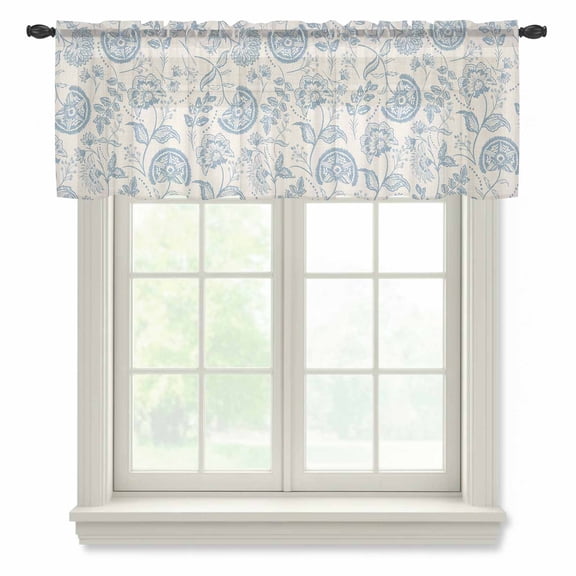 Farmhouse Light Blue Floral Semi Sheer Valance Curtains, Linen Boho Paisley Flower Rustic Voile Valances Curtain Rod Pocket Small Window Treatment for Kitchen Bathroom Cafe 60"x18"
