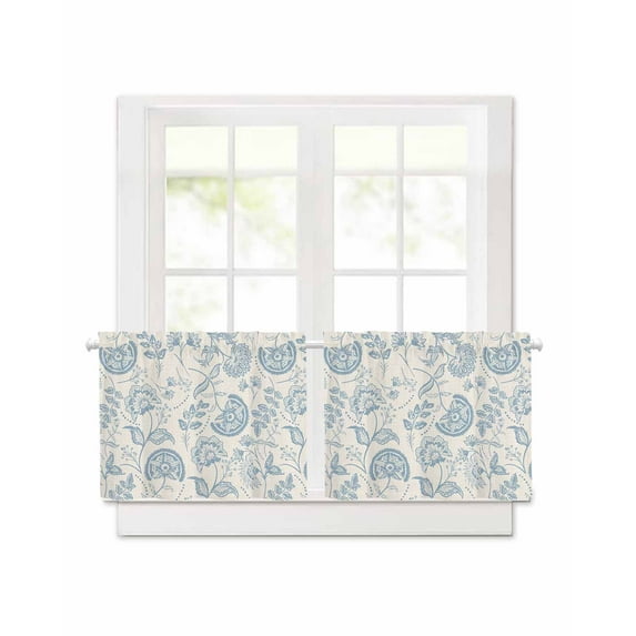 Farmhouse Light Blue Floral Short Blackout Curtains 24 Inch Long Linen Boho Paisley Flower Rustic Rod Pocket Kitchen Curtains, 2 Panels Thermal Insulated Room Drapes for Bedroom, 30"W x 24"L