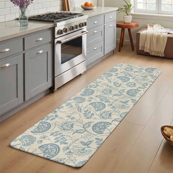 Farmhouse Light Blue Floral Washable Runner Rug 3X5 ft Linen Boho Paisley Flower Rustic Non-Slip Hallway Runner Rug, Linen Kitchen Runner Mats, Indoor Floor Carpet for Entryway Bathroom Bedroom