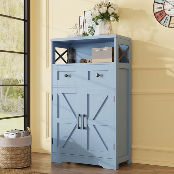 Farmhouse Light Blue Storage Cabinet with Barn Doors and Drawers, Freestanding Kitchen Pantry Cabinet, Hutch Cupboard for Kitchen, Laundry Room, Living Room