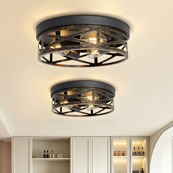 Farmhouse Light Fixtures, Black and Gold Round Metal Flush Mount Ceiling Light, 3-Light Cage Ceiling Lamp for Kitchen, Foyer, Bedroom, HallwayBulbs Not Included