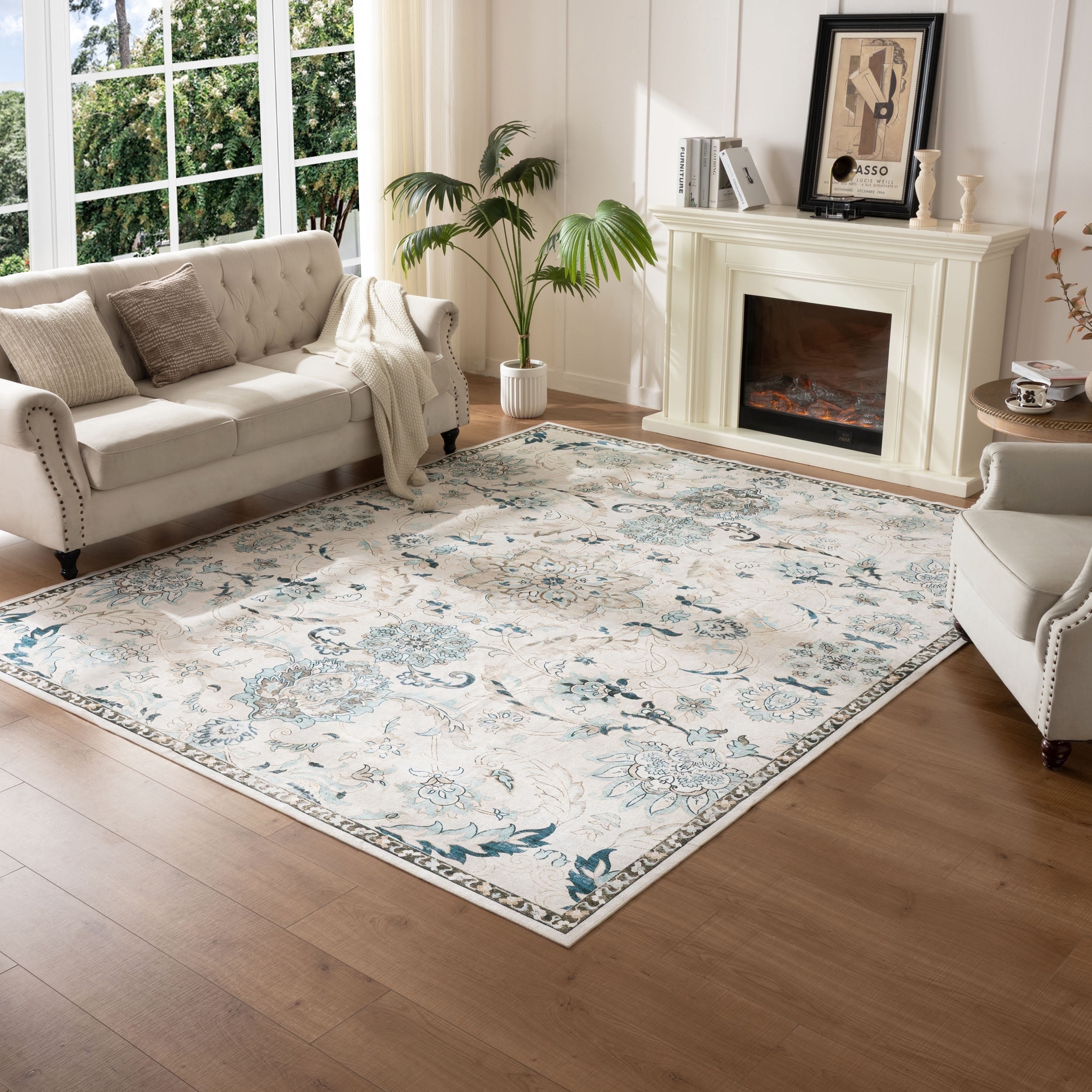 Sage Green Rugs 8x10 for Living Room Soft Non-Slip, Large Vintage Floral Area Rug Retro Tribal Farmhouse Stain Resistant Carpet for Bedroom Dining Room Office Guest Room
