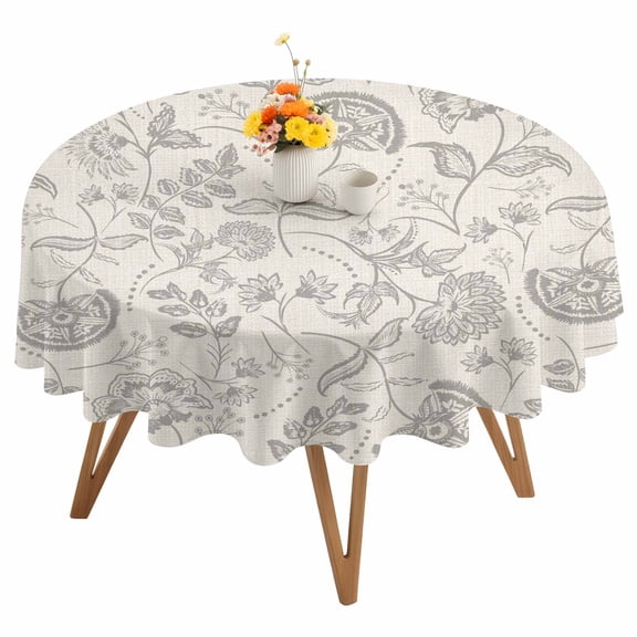 Farmhouse Light Grey Floral Round Tablecloth 60 inches Linen Boho Paisley Flower Rustic Waterproof Oil-Proof Table Cloth Round Table Cover for Holiday Party Picnic Dinner Decor Indoor and Outdoor Use