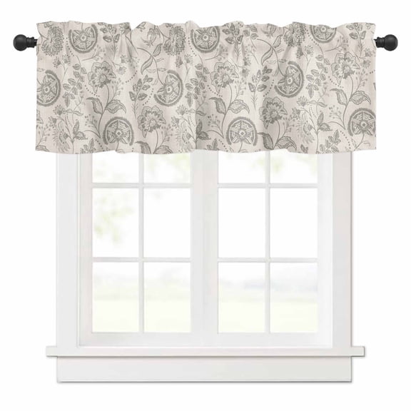 Farmhouse Light Grey Floral Valances for Windows Linen Boho Paisley Flower Rustic Rod Pocket Curtain Valance Window Treatment Short Curtains for Kitchen Living Room, 54"x18"