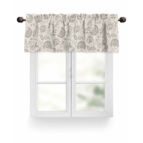 Farmhouse Light Grey Floral Valances for Windows Linen Boho Paisley Flower Rustic Valance Rod Pocket Short Window Treatments Curtains for Kitchen Bathroom Living Room Bedroom, 42 x 18 Inch
