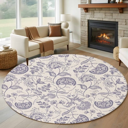 Farmhouse Light Purple Floral 8FT Round Area Rugs for Living Room Linen Boho Paisley Flower Rustic Ultra-Thin Non-Slip Round Rugs Washable Low Pile Circle Carpet for Bedroom Kitchen Nursery