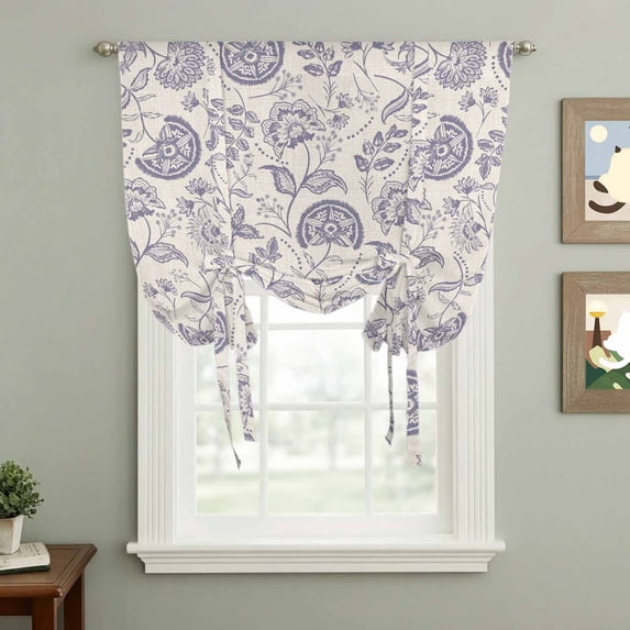 Farmhouse Light Purple Floral Tie Up Curtain 63 Inches Long, Linen Boho Paisley Flower Rustic Balloon Style Kitchen Window Curtain Over Sink, Small Window Rod Pocket Curtain 52"x63"