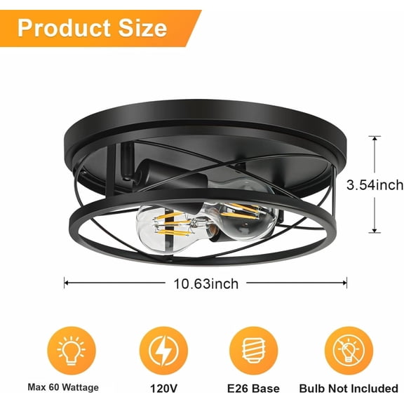 Farmhouse Lights,Black Industrial Flush Mount Ceiling Light, Ceiling Lamp Farmhouse Lighting Fixture for Hallway, Bedroom, Kitchen, Entrance, 2-Light