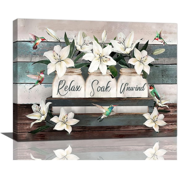 Farmhouse Lily Flower Bathroom Decor Wall Art Rustic Hummingbird Floral Pictures Wall Decor Relax Soak Unwind Bathroom Sign Canvas Painting Prints Artwork Home Decorations Framed for Bedroom 16"x12"