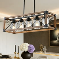 Farmhouse Linear Chandelier, 5-Light Rectangular Kitchen Island Pendant Light with Glass Shades, Adjustable Height and Solid Wood Accents for Dining Room, Bar, Pool Table(Black   Walnut,Style 02)