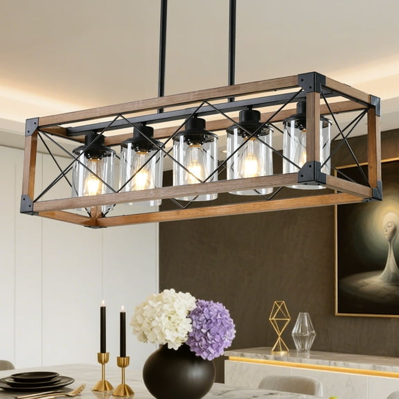 Farmhouse Linear Chandelier, 5-Light Rectangular Kitchen Island Pendant Light with Glass Shades, Adjustable Height and Solid Wood Accents for Dining Room, Bar, Pool Table(Black + Walnut,Style 02)